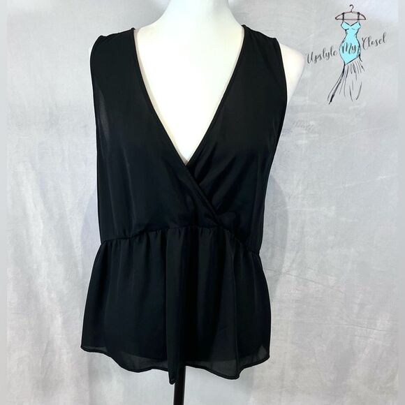 Loft black faux wrap peplum mixed media top size medium - Picture 2 of 6